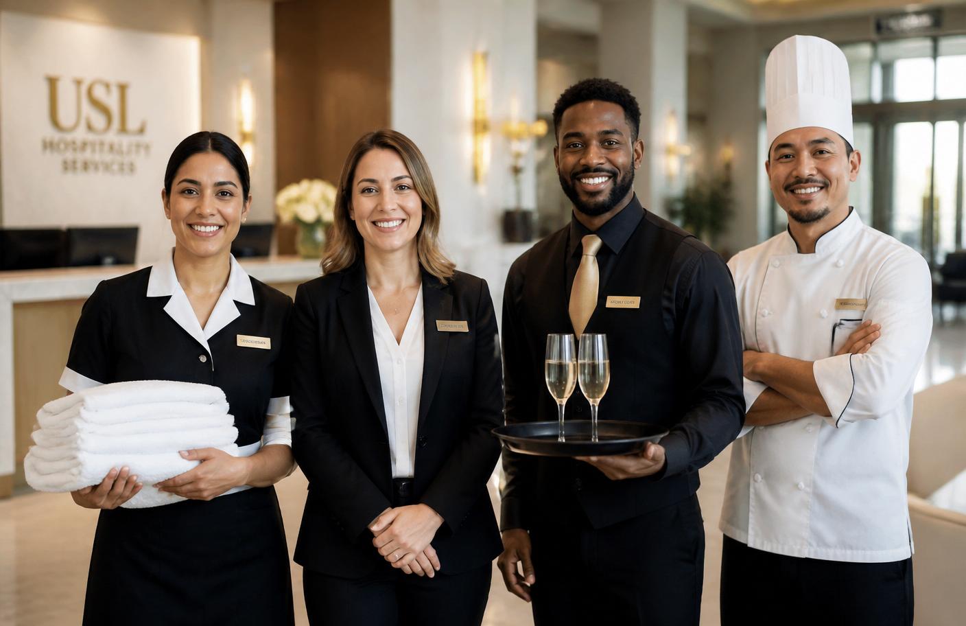 USL staffing team — cleaning, front desk, event, food service, administrative and production workers ready for work